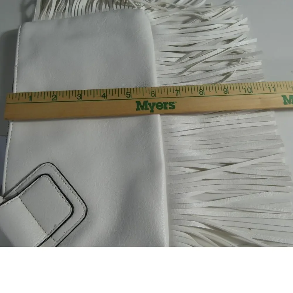 Calin Collection White Vegan Faux Leather Fringed Wristlet/Handbag Zipper NWT